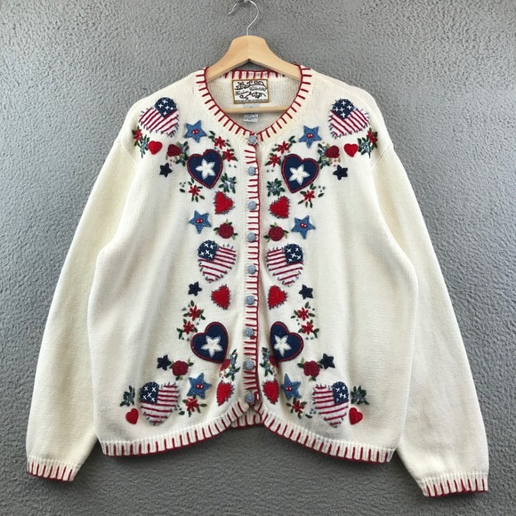 Heirloom Collectibles Patriotic Stars Hearts Flag Cardigan XL Sweater - Picture 1 of 8